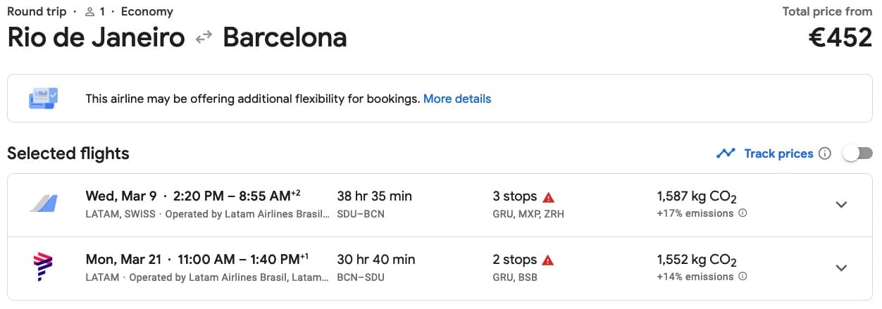Exemplo de passagem aérea mais barata Rio - Barcelona